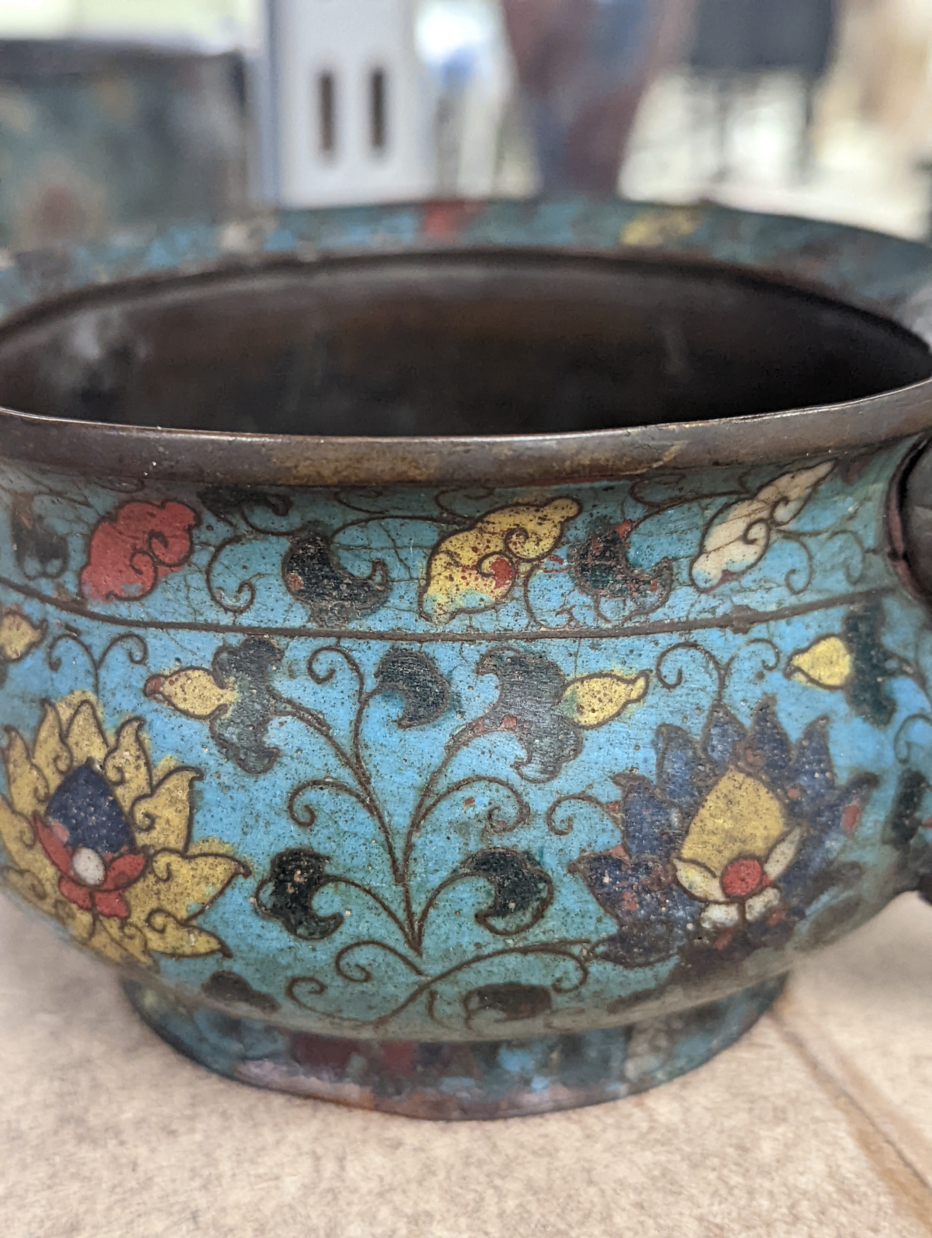A Chinese late Ming dynasty bronze and cloisonné enamel ding censer 18cm